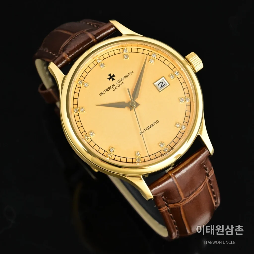 파텍필립 패트리모니 오토매틱 40mm 화이트 다이얼 브라운 가죽 스트랩 골드 베젤
