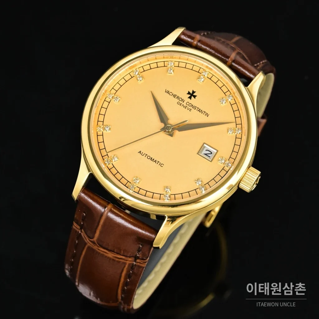 파텍필립 패트리모니 오토매틱 40mm 화이트 다이얼 브라운 가죽 스트랩 골드 베젤