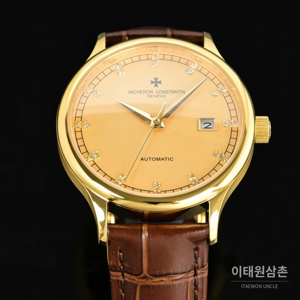 파텍필립 패트리모니 오토매틱 40mm 화이트 다이얼 브라운 가죽 스트랩 골드 베젤