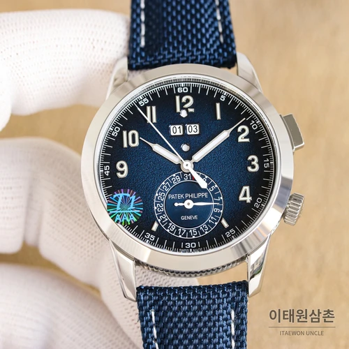 파텍필립 파일럿 트래블 타임 블루 다이얼 패브릭 스트랩 오토매틱 시계 41mm