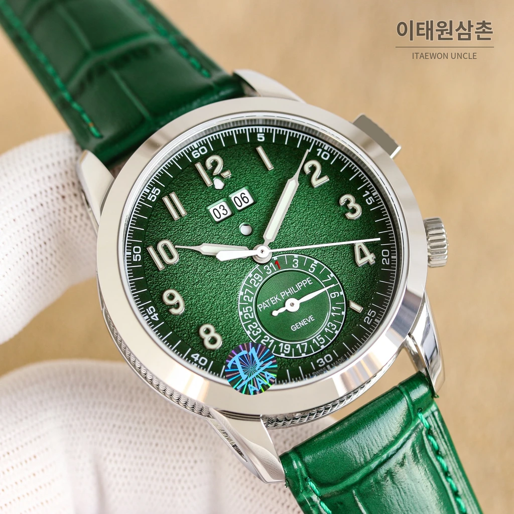 파텍필립 파일럿 트래블 타임 그린 다이얼 엠보싱 스트랩 오토매틱 시계 41mm