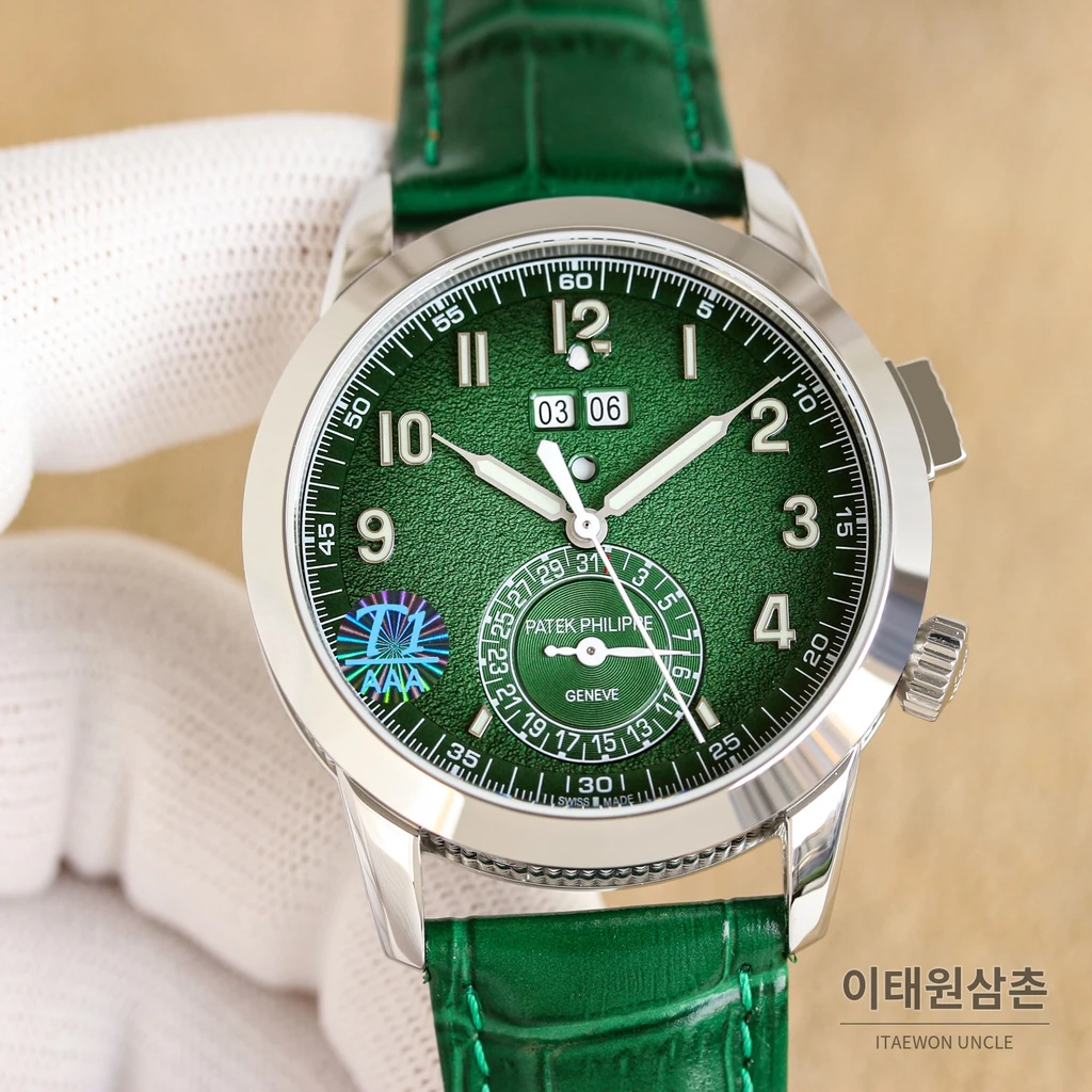 파텍필립 파일럿 트래블 타임 그린 다이얼 엠보싱 스트랩 오토매틱 시계 41mm