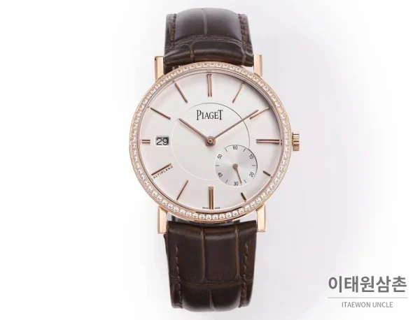 피아제 알티플라노 오리진 울트라씬 오토매틱 40mm 화이트 브라운 가죽 스트랩 (3)