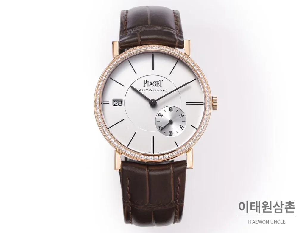 피아제 알티플라노 오리진 울트라씬 스몰세컨즈 데이트 오토매틱 40mm 실버 브라운 가죽 스트랩 로즈골드 베젤 (2)