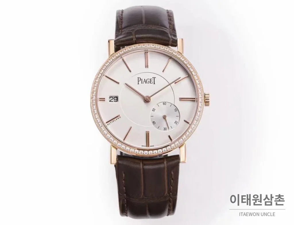 피아제 알티플라노 오리진 울트라씬 스몰세컨즈 데이트 오토매틱 40mm 실버 브라운 가죽 스트랩 로즈골드 베젤
