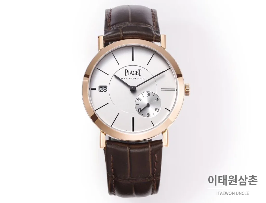 피아제 알티플라노 오리진 울트라씬 스몰세컨즈 데이트 오토매틱 40mm 실버 브라운 가죽 스트랩 로즈골드 베젤 (3)