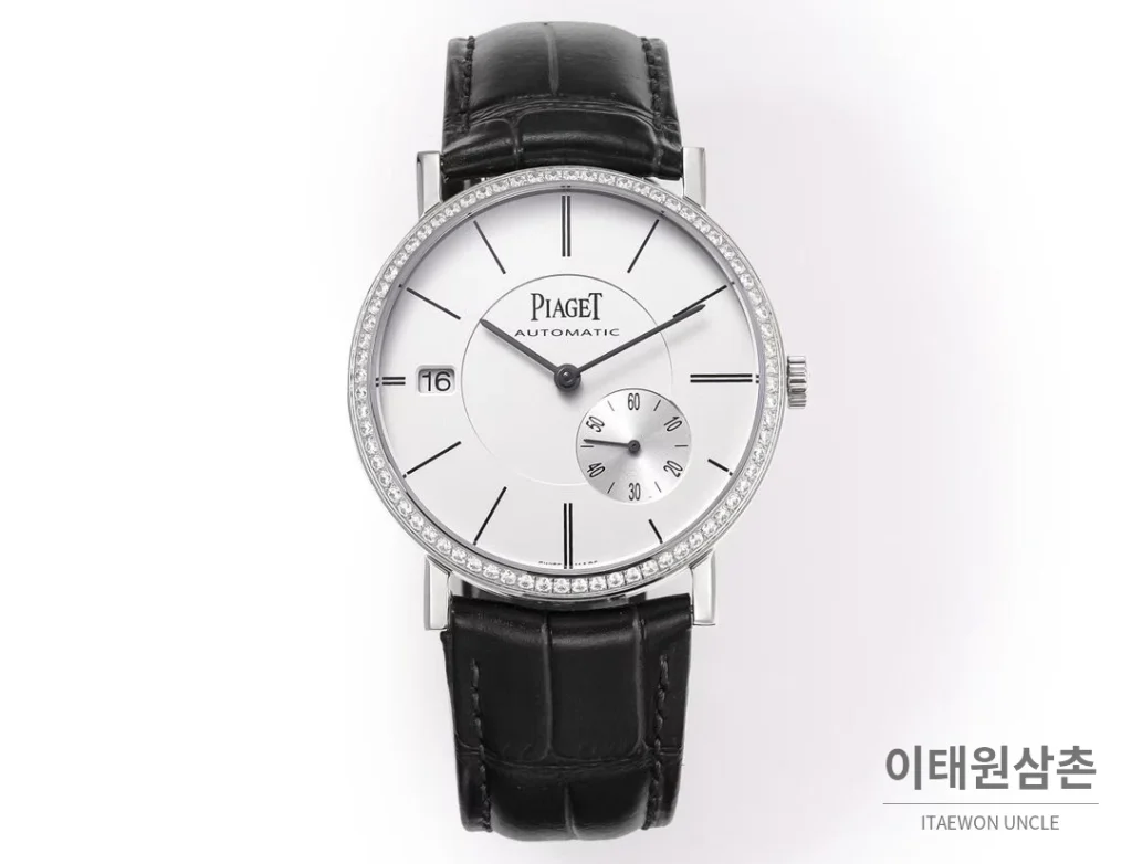 피아제 알티플라노 오리진 울트라씬 스몰세컨즈 데이트 오토매틱 40mm 실버 블랙 가죽 스트랩 실버 베젤