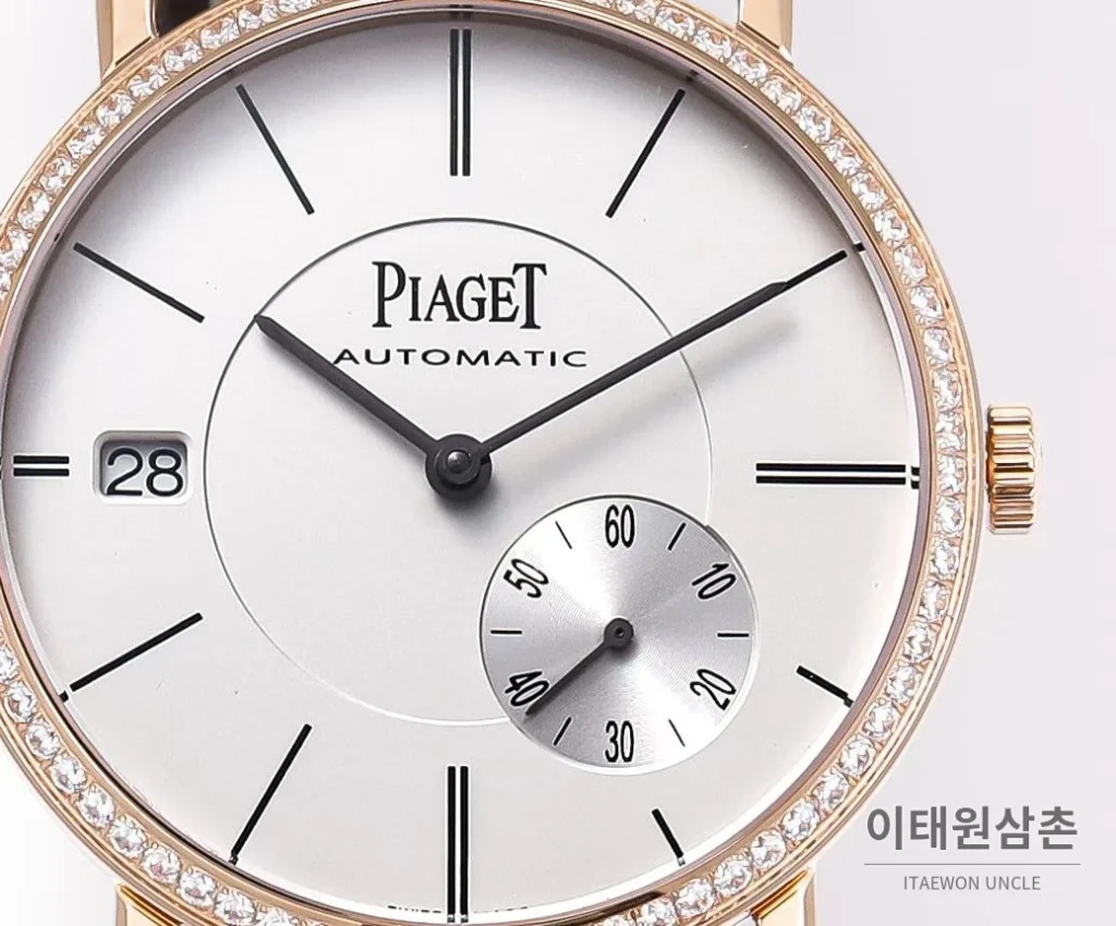 피아제 알티플라노 오리진 울트라씬 스몰세컨즈 데이트 오토매틱 40mm 실버 브라운 가죽 스트랩 로즈골드 베젤 (2)