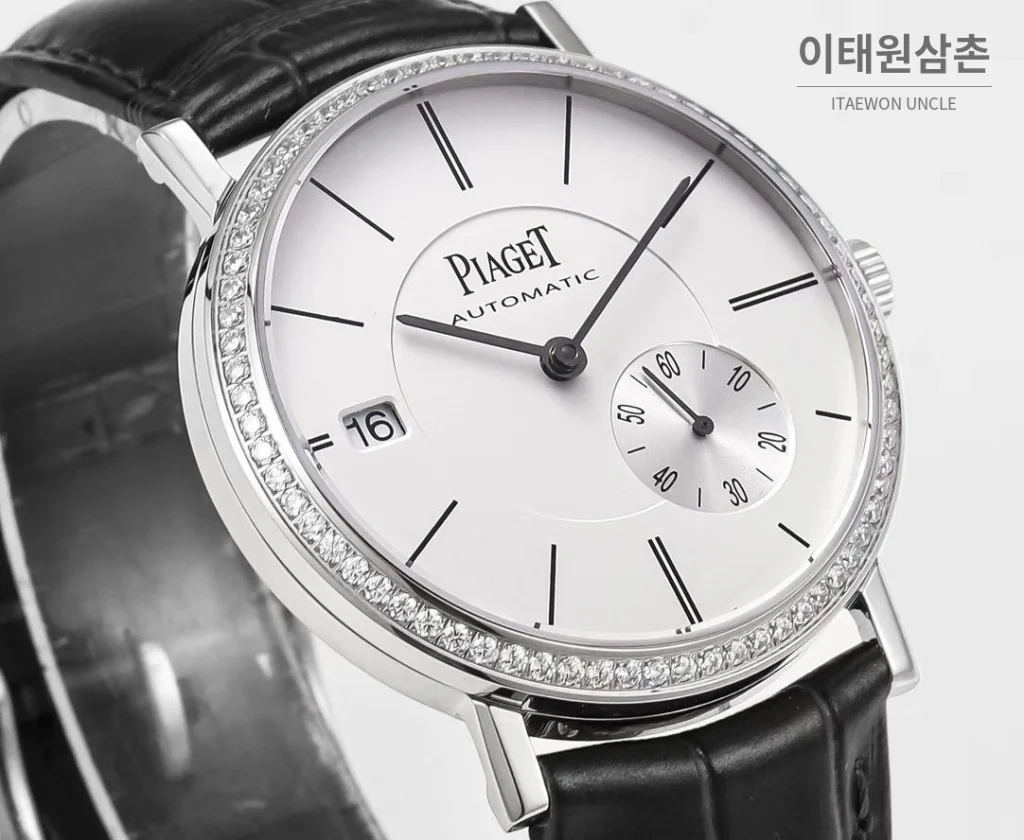 피아제 알티플라노 오리진 울트라씬 스몰세컨즈 데이트 오토매틱 40mm 실버 블랙 가죽 스트랩 실버 베젤