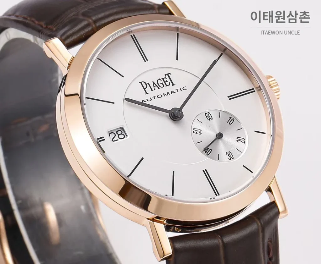 피아제 알티플라노 오리진 울트라씬 스몰세컨즈 데이트 오토매틱 40mm 실버 브라운 가죽 스트랩 로즈골드 베젤 (3)