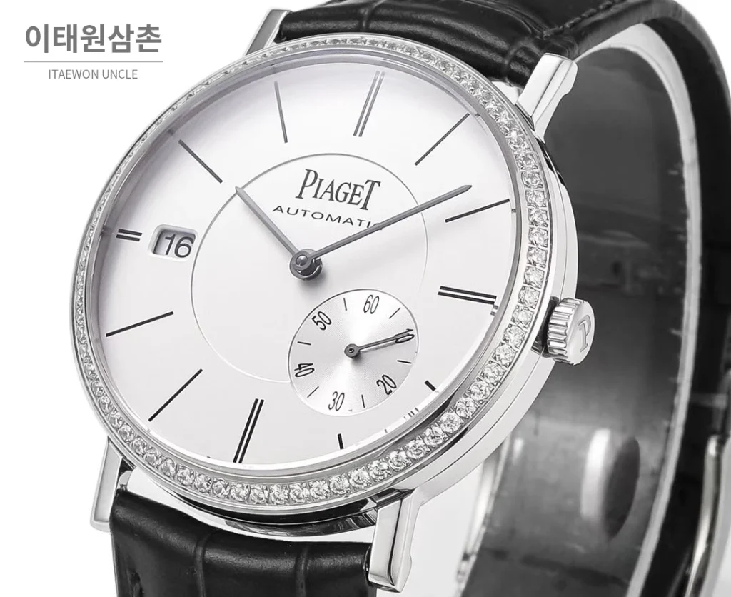 피아제 알티플라노 오리진 울트라씬 스몰세컨즈 데이트 오토매틱 40mm 실버 블랙 가죽 스트랩 실버 베젤