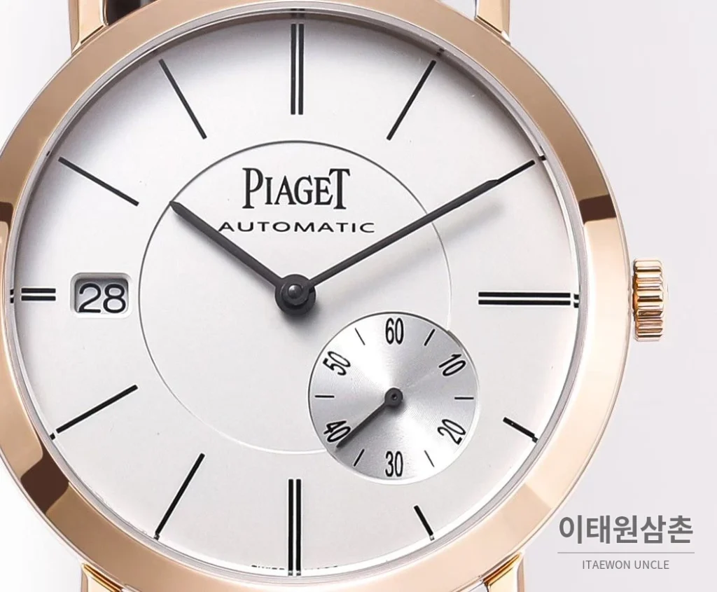 피아제 알티플라노 오리진 울트라씬 스몰세컨즈 데이트 오토매틱 40mm 실버 브라운 가죽 스트랩 로즈골드 베젤 (3)