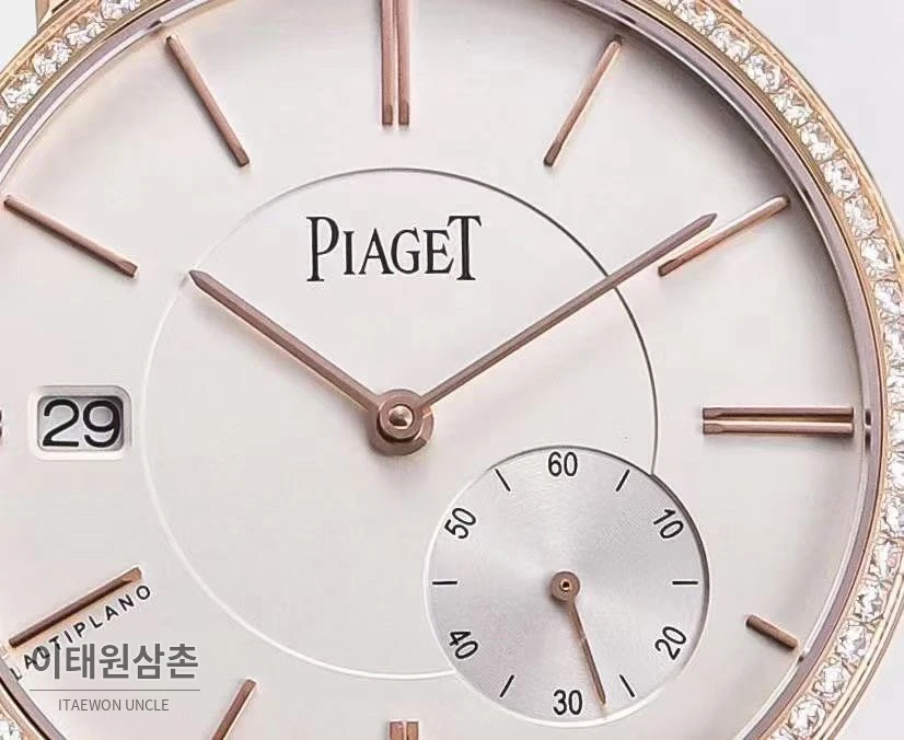 피아제 알티플라노 오리진 울트라씬 스몰세컨즈 데이트 오토매틱 40mm 실버 브라운 가죽 스트랩 로즈골드 베젤