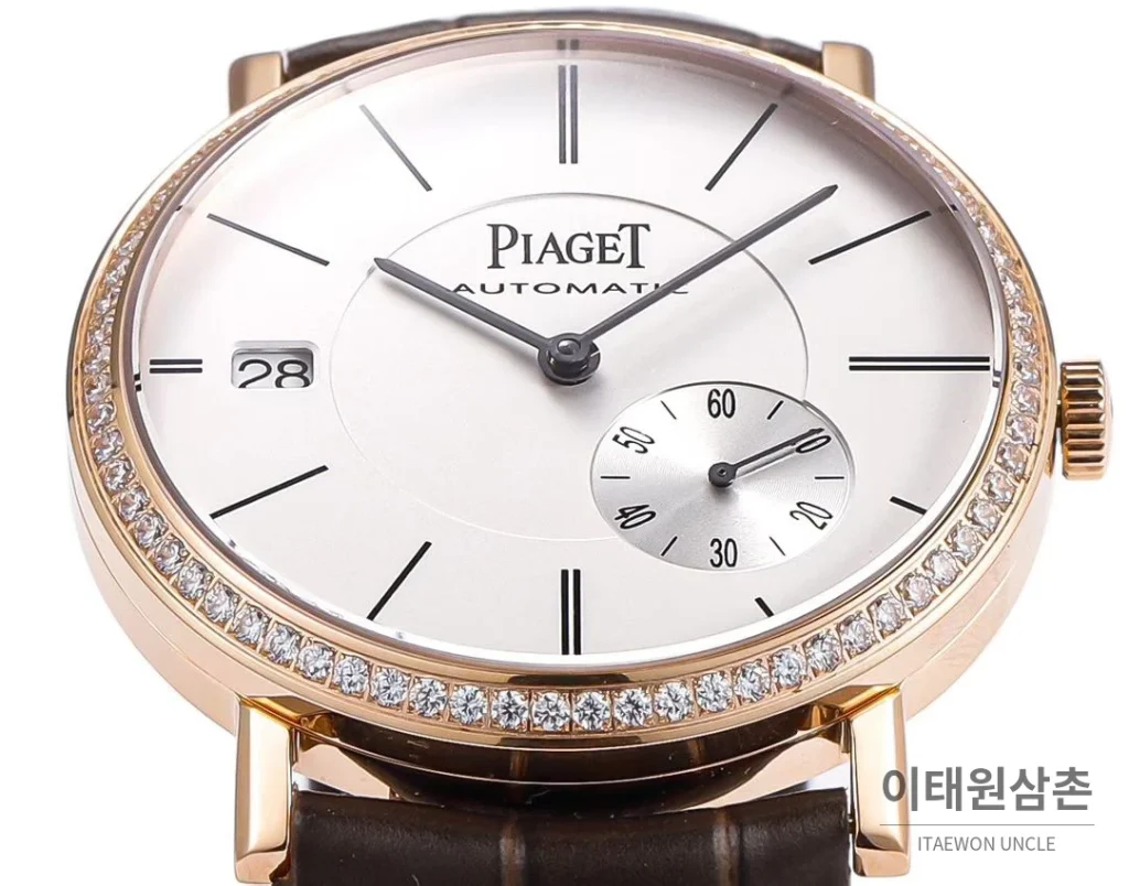 피아제 알티플라노 오리진 울트라씬 스몰세컨즈 데이트 오토매틱 40mm 실버 브라운 가죽 스트랩 로즈골드 베젤 (2)