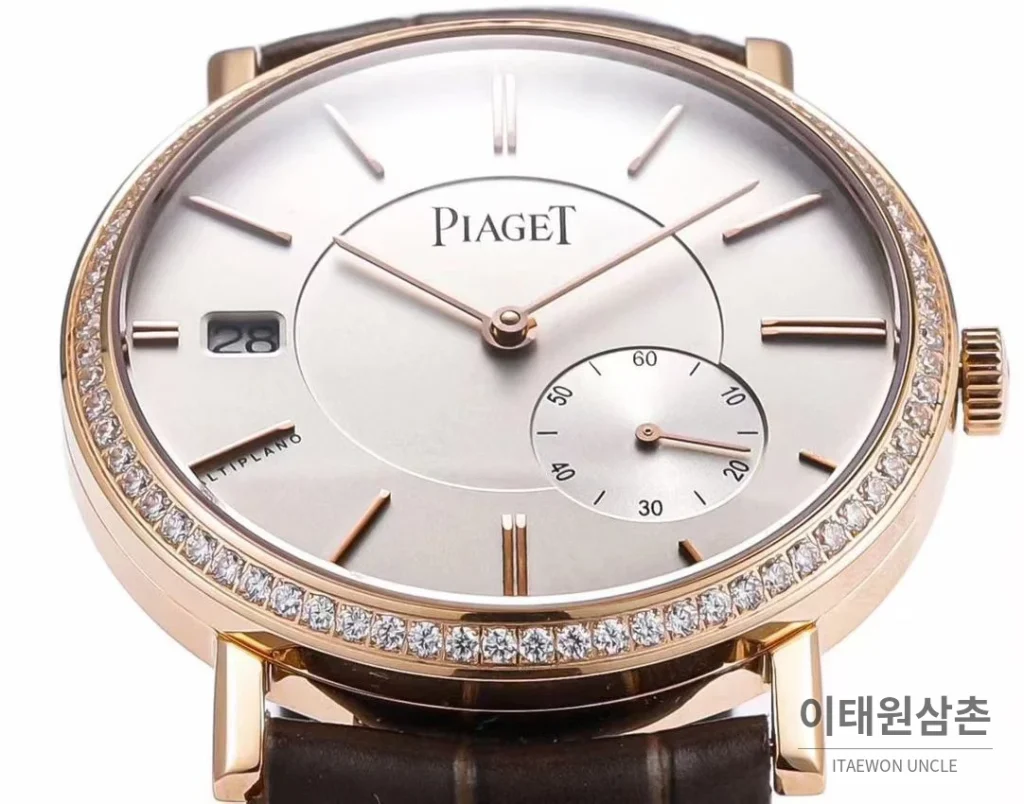 피아제 알티플라노 오리진 울트라씬 스몰세컨즈 데이트 오토매틱 40mm 실버 브라운 가죽 스트랩 로즈골드 베젤