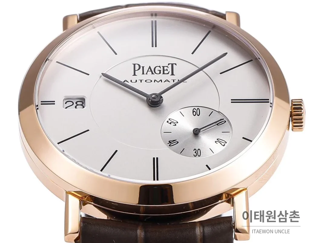 피아제 알티플라노 오리진 울트라씬 스몰세컨즈 데이트 오토매틱 40mm 실버 브라운 가죽 스트랩 로즈골드 베젤 (3)