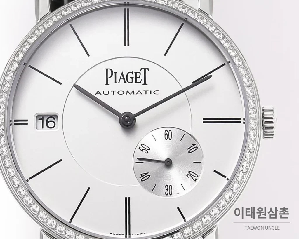 피아제 알티플라노 오리진 울트라씬 스몰세컨즈 데이트 오토매틱 40mm 실버 블랙 가죽 스트랩 실버 베젤