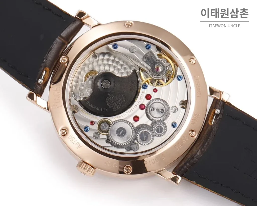 피아제 알티플라노 오리진 울트라씬 스몰세컨즈 데이트 오토매틱 40mm 실버 브라운 가죽 스트랩 로즈골드 베젤 (3)