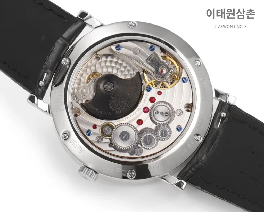 피아제 알티플라노 오리진 울트라씬 스몰세컨즈 데이트 오토매틱 40mm 실버 블랙 가죽 스트랩 실버 베젤