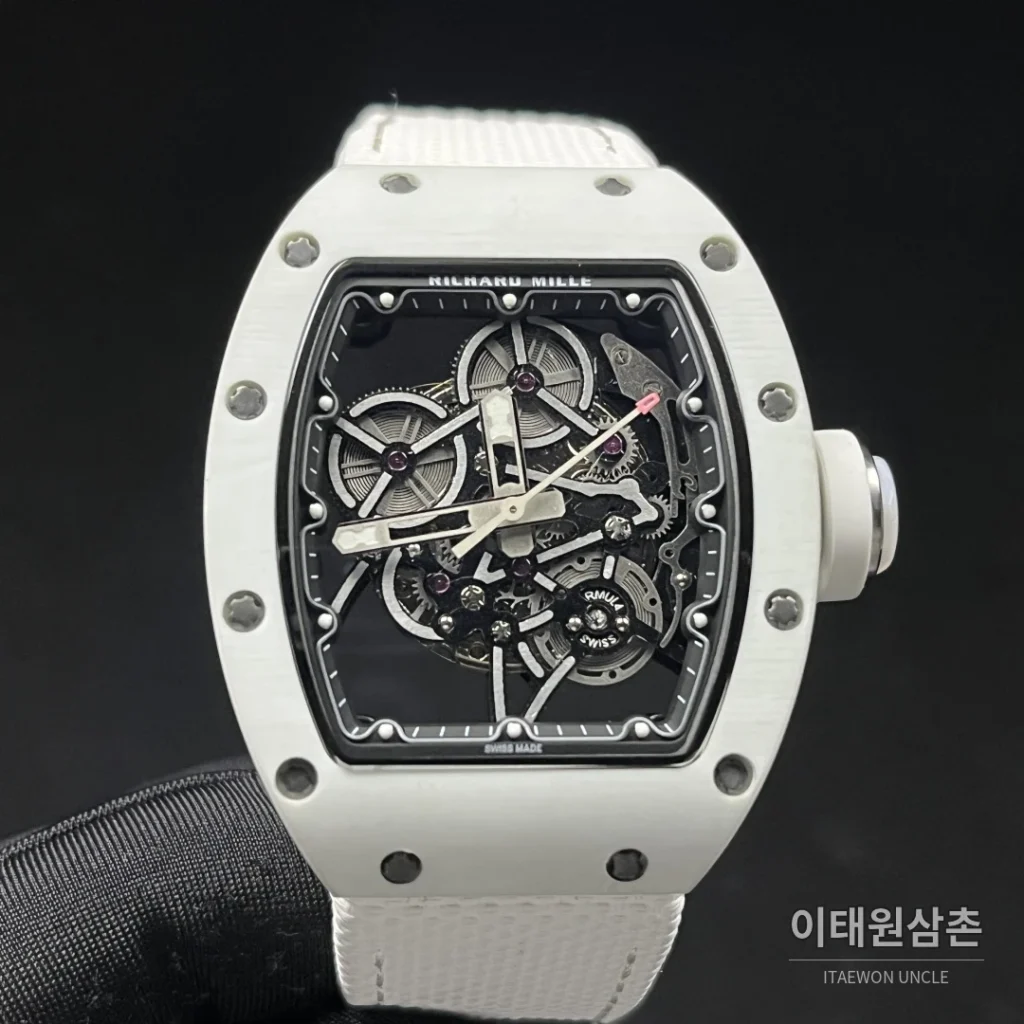 리차드밀 카본 TPT 쿼츠 TPT 스켈레톤 토노 수동 시계 47.33mm 스켈레톤 다이얼 화이트 나일론 스트랩