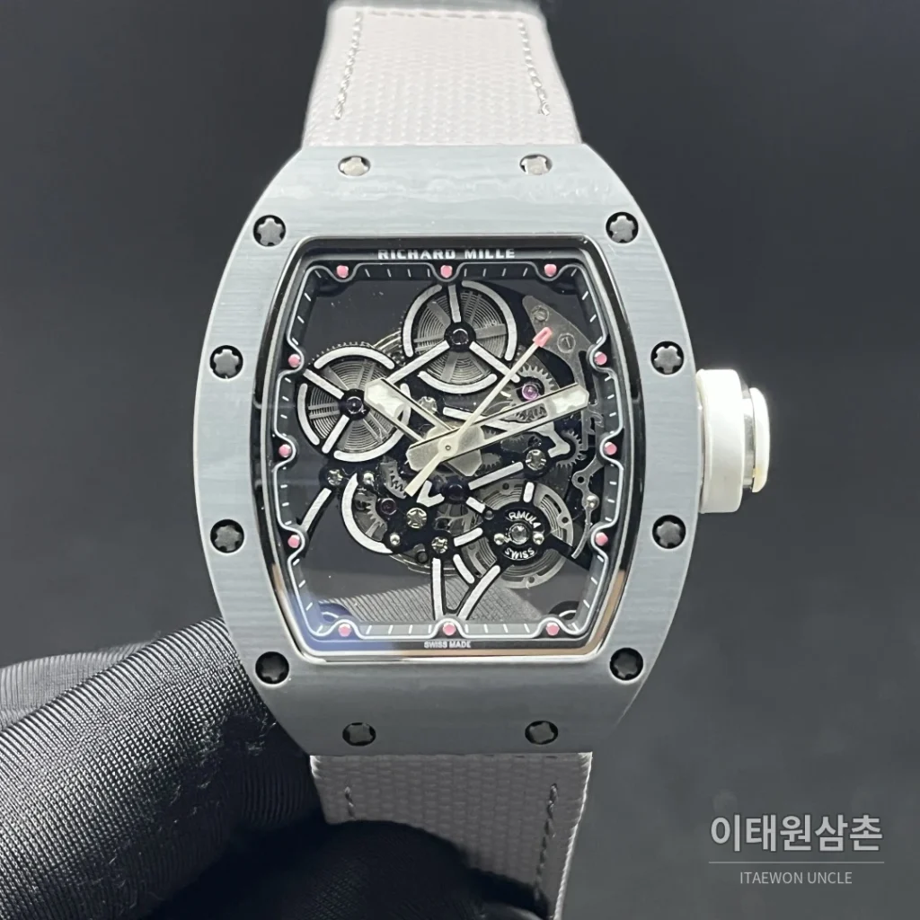 리차드밀 카본 TPT 쿼츠 TPT 스켈레톤 토노 수동 시계 47.33mm 스켈레톤 다이얼 그레이 나일론 스트랩