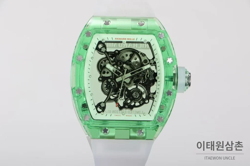 리차드밀 크리스탈 스켈레톤 헨드와인드 무브먼트 51mm RM055 스켈레톤 다이얼 화이트 러버 스트랩 그린 베젤