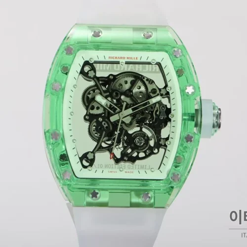 리차드밀 크리스탈 스켈레톤 헨드와인드 무브먼트 51mm RM055 스켈레톤 다이얼 화이트 러버 스트랩 그린 베젤 리차드밀 크리스탈 스켈레톤 헨드와인드 무브먼트 51mm RM055 스켈레톤 다이얼 화이트 러버 스트랩 그린 베젤