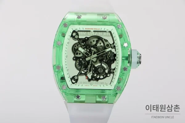 리차드밀 크리스탈 스켈레톤 헨드와인드 무브먼트 51mm RM055 스켈레톤 다이얼 화이트 러버 스트랩 그린 베젤
