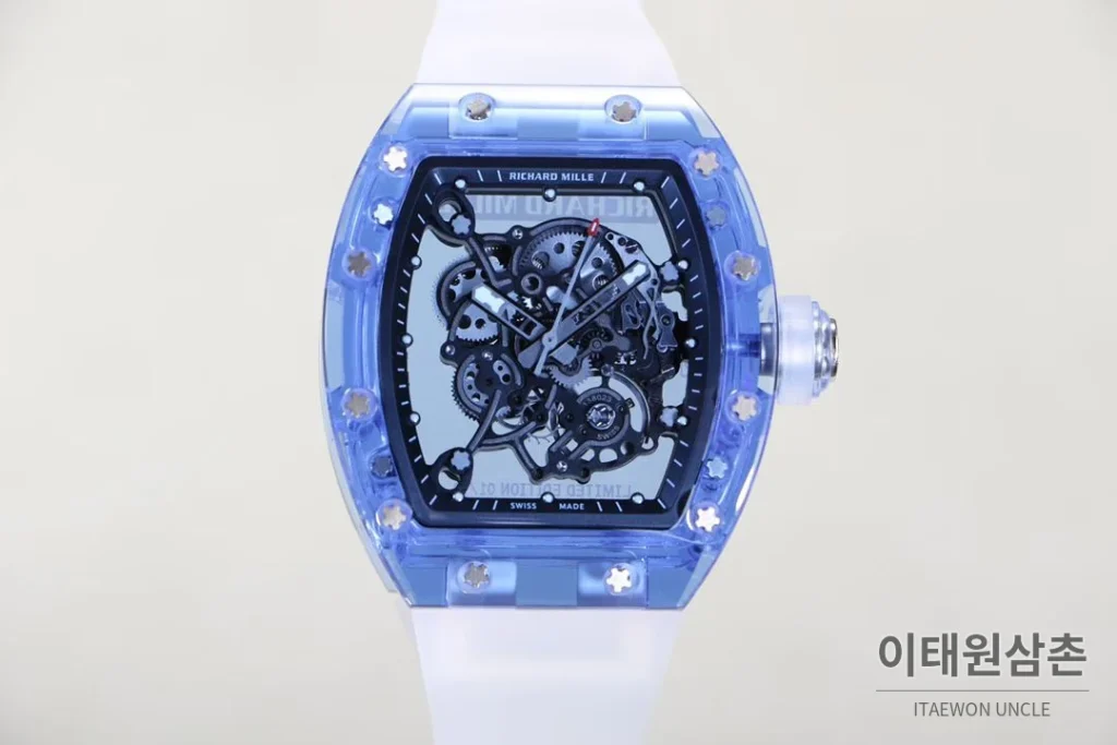리차드밀 크리스탈 스켈레톤 헨드와인드 무브먼트 51mm RM055 스켈레톤 다이얼 화이트 러버 스트랩 아이스블루 베젤