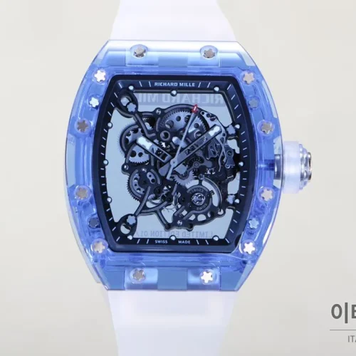 리차드밀 크리스탈 스켈레톤 헨드와인드 무브먼트 51mm RM055 스켈레톤 다이얼 화이트 러버 스트랩 아이스블루 베젤 리차드밀 크리스탈 스켈레톤 헨드와인드 무브먼트 51mm RM055 스켈레톤 다이얼 화이트 러버 스트랩 아이스블루 베젤