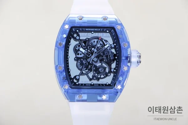 리차드밀 크리스탈 스켈레톤 헨드와인드 무브먼트 51mm RM055 스켈레톤 다이얼 화이트 러버 스트랩 아이스블루 베젤