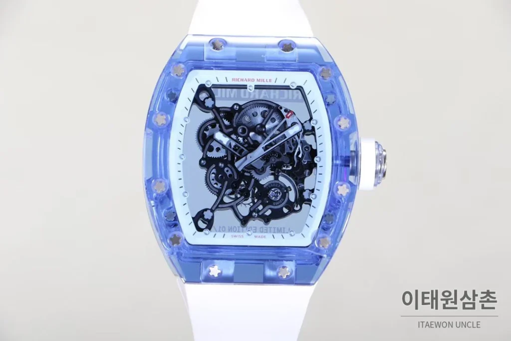 리차드밀 크리스탈 스켈레톤 헨드와인드 무브먼트 51mm RM055 스켈레톤 다이얼 화이트 러버 스트랩 아이스블루 베젤 (2)