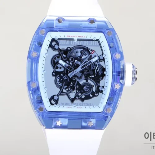 리차드밀 크리스탈 스켈레톤 헨드와인드 무브먼트 51mm RM055 스켈레톤 다이얼 화이트 러버 스트랩 아이스블루 베젤 (2) 리차드밀 크리스탈 스켈레톤 헨드와인드 무브먼트 51mm RM055 스켈레톤 다이얼 화이트 러버 스트랩 아이스블루 베젤 (2)