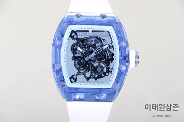 리차드밀 크리스탈 스켈레톤 헨드와인드 무브먼트 51mm RM055 스켈레톤 다이얼 화이트 러버 스트랩 아이스블루 베젤 (2)