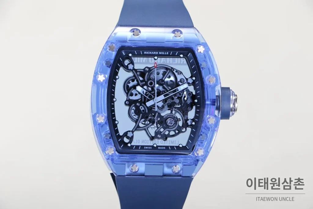 리차드밀 크리스탈 스켈레톤 헨드와인드 무브먼트 51mm RM055 스켈레톤 다이얼 네이비 러버 스트랩 아이스블루 베젤