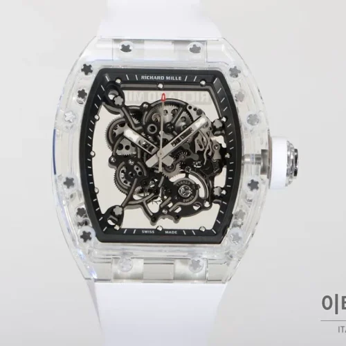 리차드밀 크리스탈 스켈레톤 헨드와인드 무브먼트 51mm RM055 스켈레톤 다이얼 화이트 러버 스트랩 화이트 베젤 리차드밀 크리스탈 스켈레톤 헨드와인드 무브먼트 51mm RM055 스켈레톤 다이얼 화이트 러버 스트랩 화이트 베젤