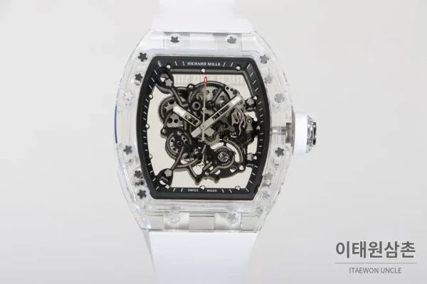 리차드밀 크리스탈 스켈레톤 헨드와인드 무브먼트 51mm RM055 스켈레톤 다이얼 화이트 러버 스트랩 화이트 베젤