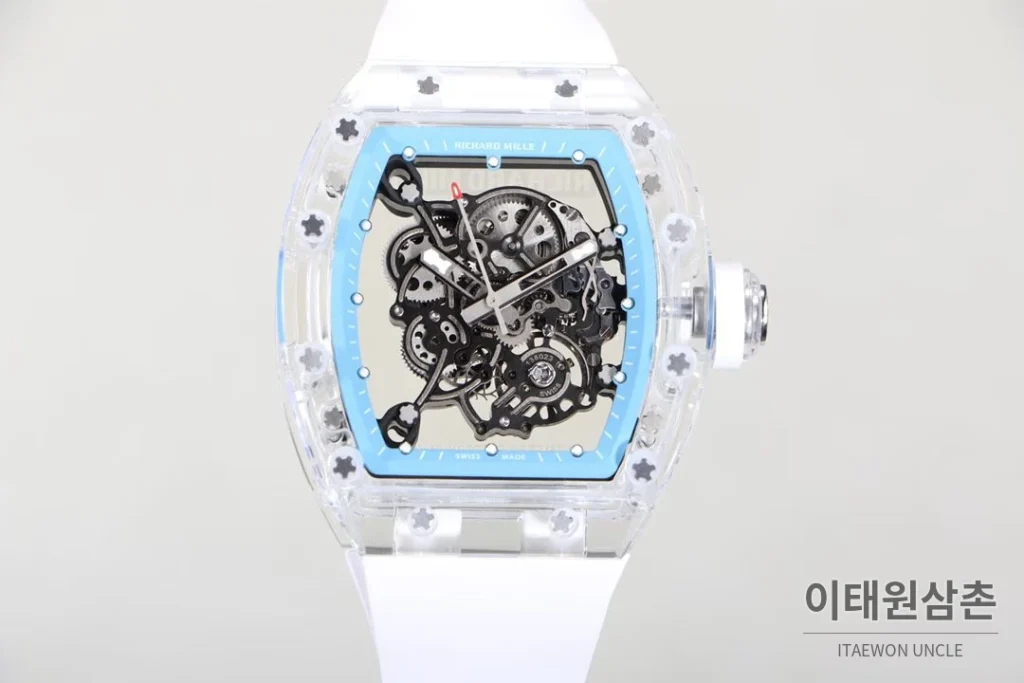 리차드밀 크리스탈 스켈레톤 헨드와인드 무브먼트 51mm RM055 스켈레톤 다이얼 화이트 러버 스트랩 아이스블루 베젤 (3)