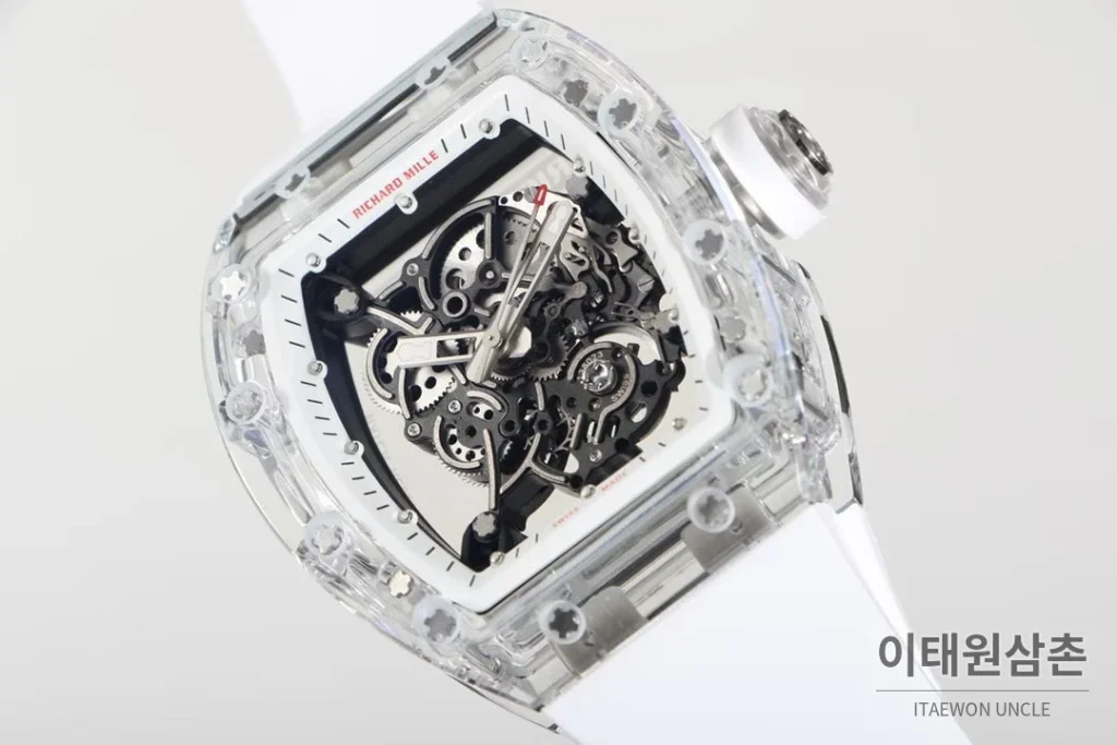 리차드밀 크리스탈 스켈레톤 헨드와인드 무브먼트 51mm RM055 스켈레톤 다이얼 화이트 러버 스트랩 세라믹 케이스