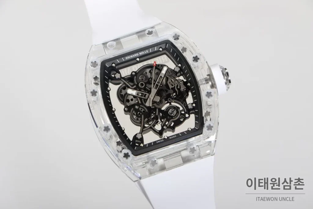 리차드밀 크리스탈 스켈레톤 헨드와인드 무브먼트 51mm RM055 스켈레톤 다이얼 화이트 러버 스트랩 화이트 베젤