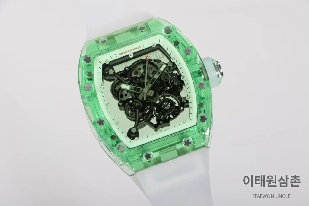 리차드밀 크리스탈 스켈레톤 헨드와인드 무브먼트 51mm RM055 스켈레톤 다이얼 화이트 러버 스트랩 그린 베젤