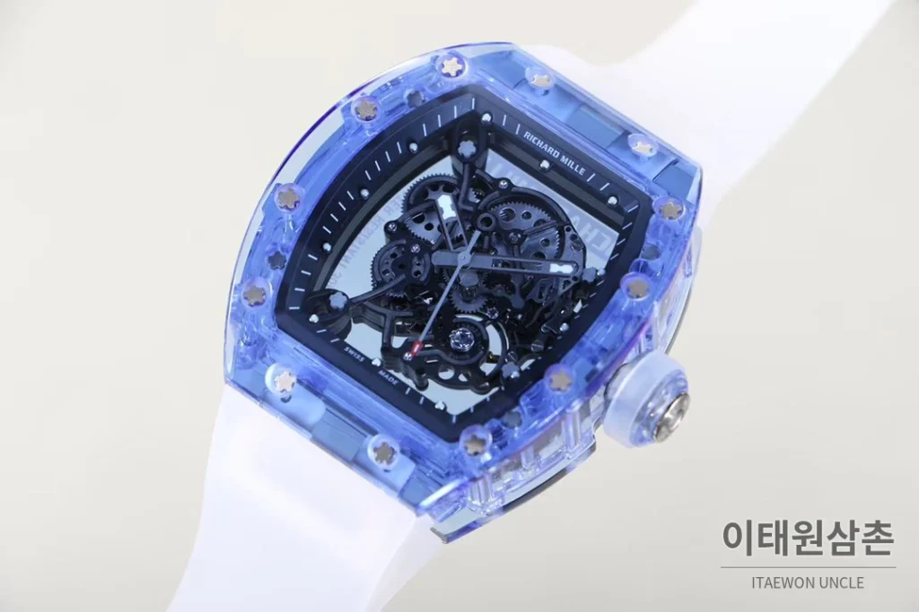 리차드밀 크리스탈 스켈레톤 헨드와인드 무브먼트 51mm RM055 스켈레톤 다이얼 화이트 러버 스트랩 아이스블루 베젤