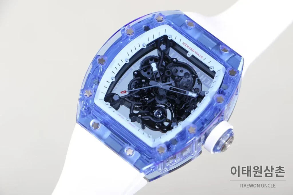 리차드밀 크리스탈 스켈레톤 헨드와인드 무브먼트 51mm RM055 스켈레톤 다이얼 화이트 러버 스트랩 아이스블루 베젤 (2)