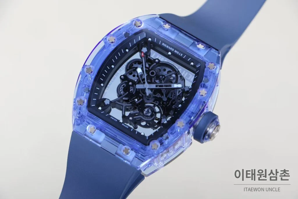 리차드밀 크리스탈 스켈레톤 헨드와인드 무브먼트 51mm RM055 스켈레톤 다이얼 네이비 러버 스트랩 아이스블루 베젤