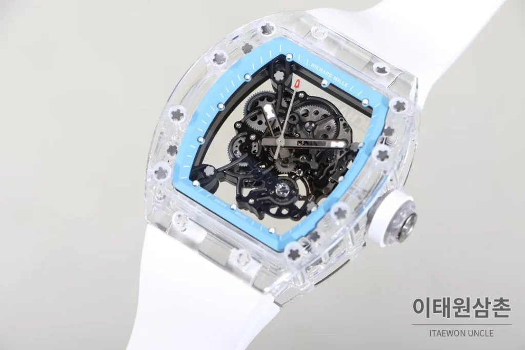리차드밀 크리스탈 스켈레톤 헨드와인드 무브먼트 51mm RM055 스켈레톤 다이얼 화이트 러버 스트랩 아이스블루 베젤 (3)