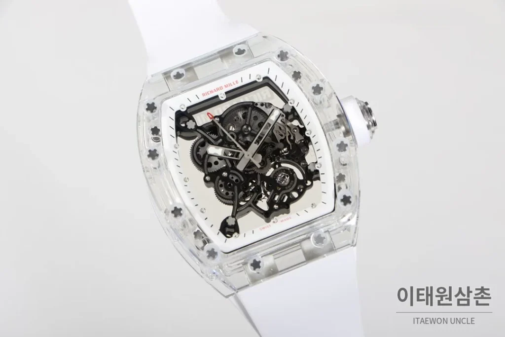리차드밀 크리스탈 스켈레톤 헨드와인드 무브먼트 51mm RM055 스켈레톤 다이얼 화이트 러버 스트랩 세라믹 케이스