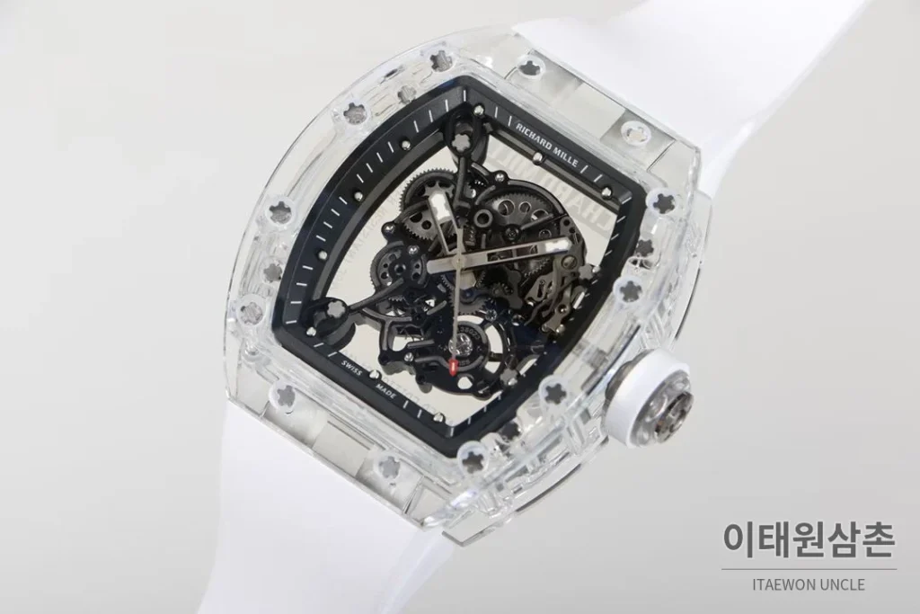 리차드밀 크리스탈 스켈레톤 헨드와인드 무브먼트 51mm RM055 스켈레톤 다이얼 화이트 러버 스트랩 화이트 베젤