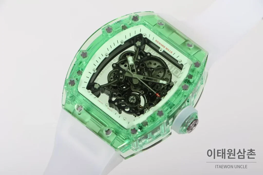 리차드밀 크리스탈 스켈레톤 헨드와인드 무브먼트 51mm RM055 스켈레톤 다이얼 화이트 러버 스트랩 그린 베젤