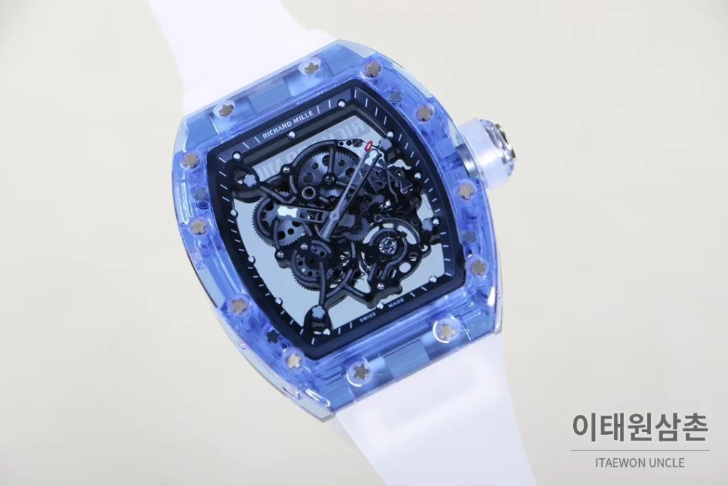 리차드밀 크리스탈 스켈레톤 헨드와인드 무브먼트 51mm RM055 스켈레톤 다이얼 화이트 러버 스트랩 아이스블루 베젤