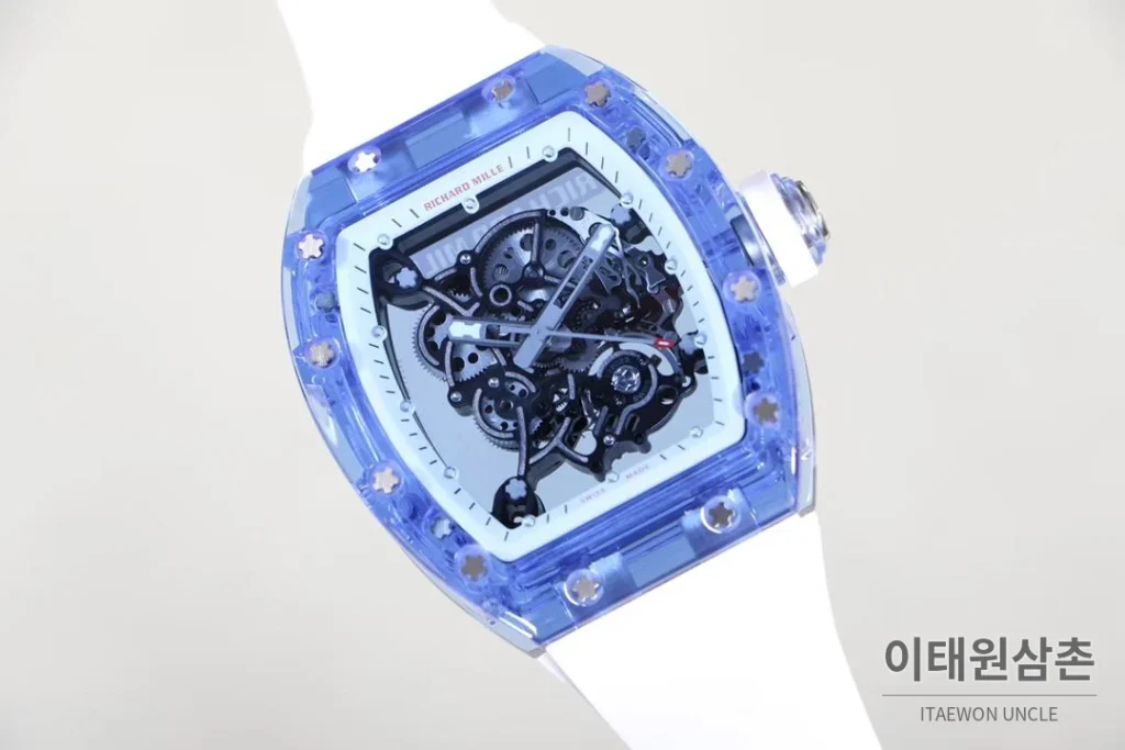 리차드밀 크리스탈 스켈레톤 헨드와인드 무브먼트 51mm RM055 스켈레톤 다이얼 화이트 러버 스트랩 아이스블루 베젤 (2)